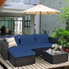 Tangkula 5PCS Cushioned Rattan Patio Conversation Set w/ Ottoman Navy Cushion - 2 of 4