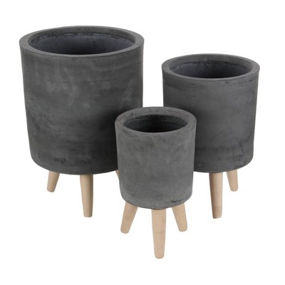 Set of 3 Planters with Wooden Legs Black - Olivia & May