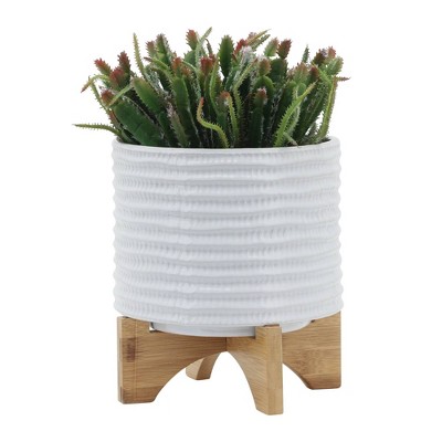 White Textured Ceramic Planter with Wooden Stand, 8"