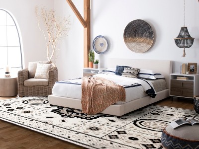 Ivory and Black Hand-Knotted Wool Square Area Rug