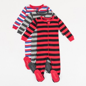 Leveret Boys Cotton Baby Footed Pajamas – 3 Pack – Bold Stripes Sleepers - 1 of 4