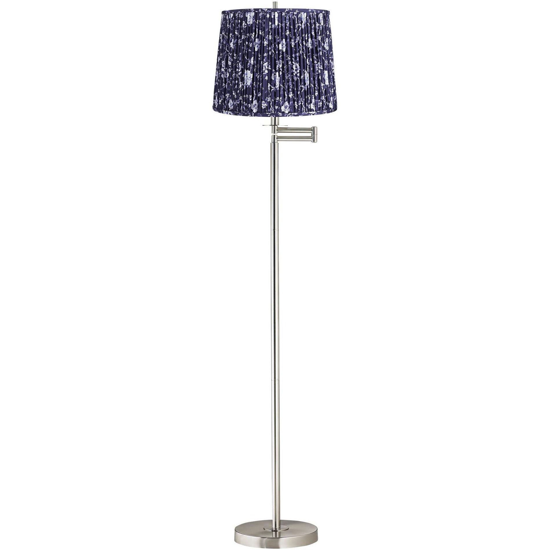 360 Lighting Druckman Modern 60 1/2" Tall Standing Floor Lamp Skinny Swing Arm Adjustable Silver Metal Brushed Nickel Finish Pleated Deep Blue Shade
