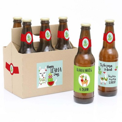 Big Dot of Happiness Fa La Llama - Christmas and Holiday Party Decorations for Women and Men - 6 Beer Bottle Label Stickers and 1 Carrier