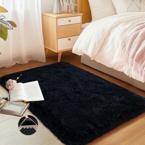 Grass Green Fluffy Shag Area Rug with Non-Slip Base & 4 Reusable Stickers, Soft Plush Mat - 1 of 4