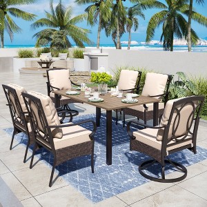 Captiva Designs 7pc Outdoor Brown Wood-look Rectangle Metal Dining Table & Rattan Metal Arm Chairs - 1 of 4
