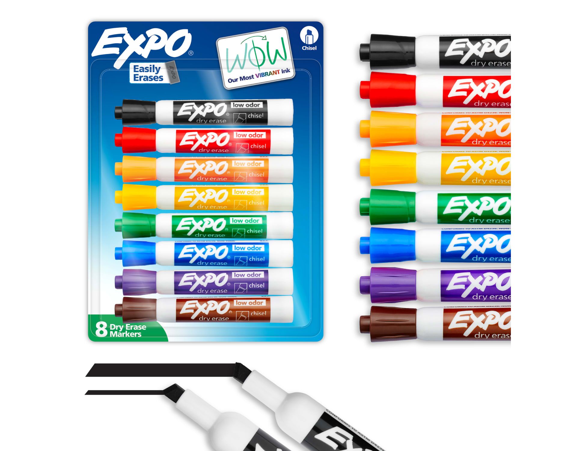 Expo 8pk Dry Erase Markers Chisel Tip Multicolored: Whiteboard & Office Supplies, Low-Odor, Bold & Fine Point, Ages 3+
