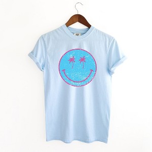 Simply Sage Market Women's Blue Smiley Palm Trees Short Sleeve Garment Dyed Tee - XL - Chambray - 1 of 2
