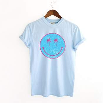 Simply Sage Market Women's Blue Smiley Palm Trees Short Sleeve Garment Dyed Tee - 2XL - Chambray