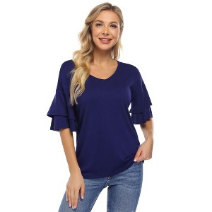 Clearlove Women's Casual Blouses Ruffle Sleeve T Shirts V Neck Double Tiered Bell Sleeve Top - 1 of 4