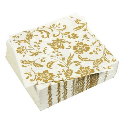 Blue Panda 100 Pack Gold Floral Print Disposable Paper Napkin, Party Supplies, 6.5x6.5" Folded, Gold White