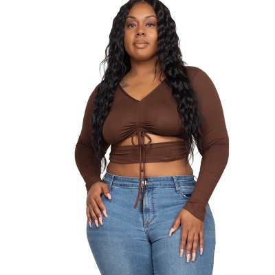 Slickblue Women's Plus Size Crop Top, Drawstring Ruched Cutout, Long Sleeve, Stretch Fit, Color and Size Option