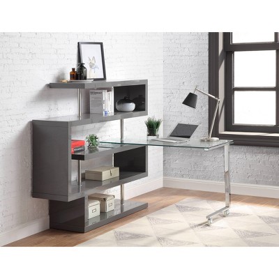 Vynxaria Glass Chrome High Gloss Desk with Shelf Sleek Modern Design Functional for Home Office Dorm Minimalist Interiors