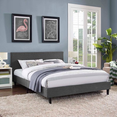 Gray Full Upholstered Platform Bed with Wood Slats
