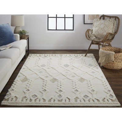 Ivory and Beige Geometric Tufted Wool Area Rug, 8' x 10'