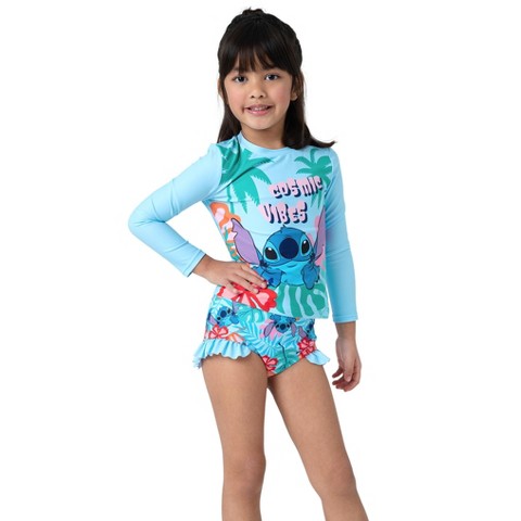 Stitch Disney Stitch Toddler Girls Kids Two Piece Long Sleeve Swimsuit Rashguard Swimwear Sets Bathing Suit (Blue, Kids: 10-11 Years)