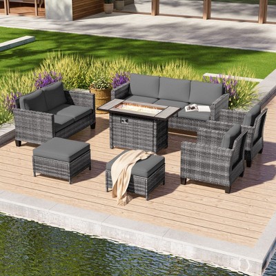 Sonkuki 7 Pieces Patio Sofa with Rectangle Fire Pit Table and Ottomans, Wicker Conversation Couch, Navy Blue Cushion