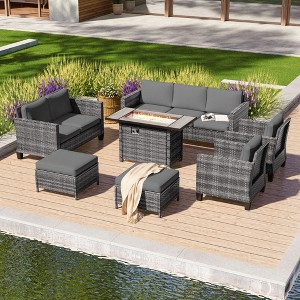Sonkuki 7 Pieces Patio Sofa with Rectangle Fire Pit Table and Ottomans, Wicker Conversation Couch, Navy Blue Cushion - 1 of 4