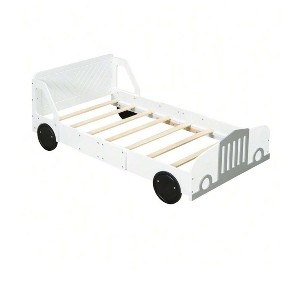 White- Race Car Bed Twin, Car Bed For Boys Car Shaped Platform Bed With Wheels, Headboard And Footboard, Wood Slat Support No Box Spring Needed Blue - 1 of 4