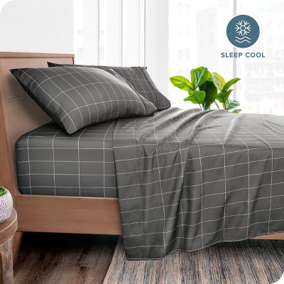 Queen Grid Grey/White Microfiber Deep Pocket Sheet Set