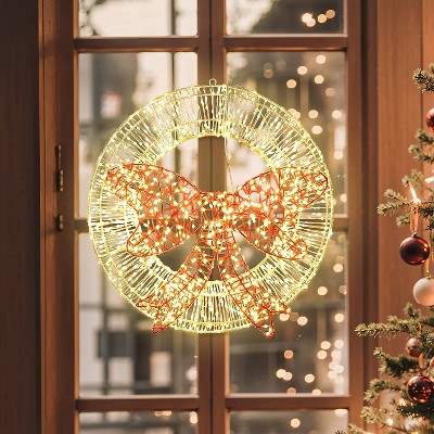 1.6-Foot Gold LED Christmas Wreath with Red Light Bow