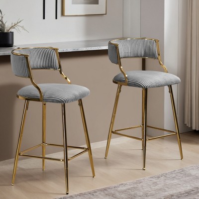 Leovsnove Set of 2,26'' Counter height bar stools Corduroy kitchen island counter bar stool with back,golden chromed base and footrest