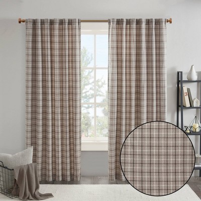 Brown Plaid Polyester Light-Filtering Curtain Panel with Fleece Lining