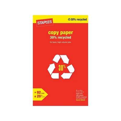 Staples 30% Recycled 8.5" x 14" Paper 20 lbs 92 Brightness 500/RM (112380) 580525