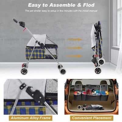 Yellow Plaid 4-Wheel Folding Dog Stroller with Mesh Windows