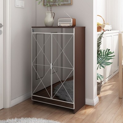 Kumasinova Shoe Cabinet with 2 Mirrored Doors,Modern Freestanding 4-Tier Shoe Storage Cabinet for Entryway,Hallway,Brown