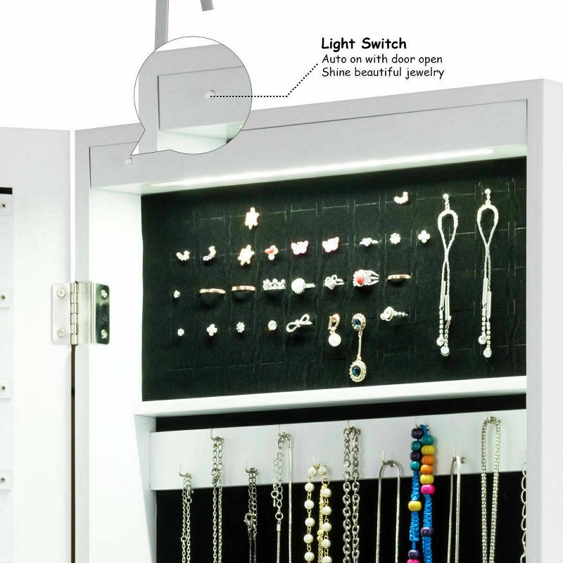 Tangkula Wall Mounted Mirrored Jewelry Organizer White Armoire Cabinet w/ LED & Lock, 4 of 10