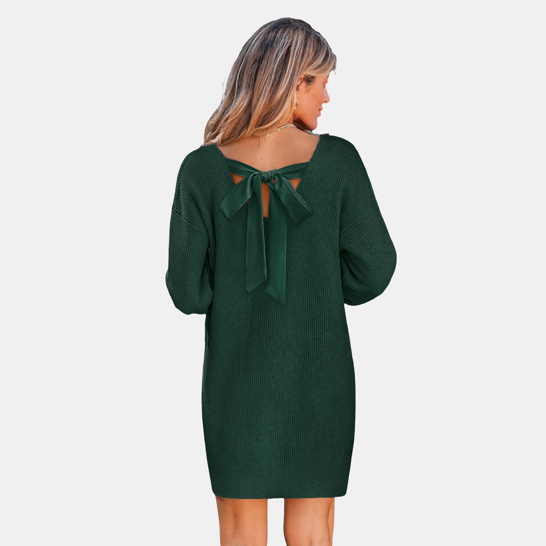 Women's Elegant Ribbed Knit Sweater Dress with Bow Detail - Cupshe