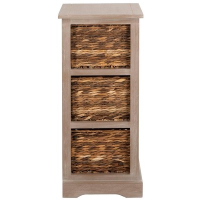Transitional Brown Pine Wood Rectangular Side Table with 3 Wicker Baskets