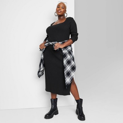 Women's Long Sleeve Rib Knit Midi Dress - Wild Fable™ Black 1X