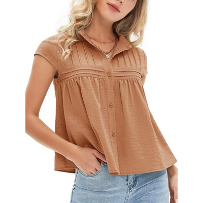 EXLURA Women's 2025 Summer Cap Sleeve Tops Loose Button Down Dress Shirt Casual V Neck Pleated Textured Work Blouse