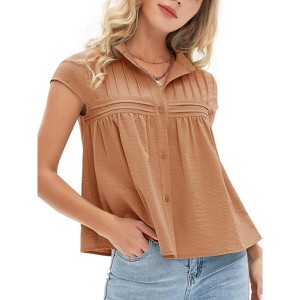 EXLURA Women's 2025 Summer Cap Sleeve Tops Loose Button Down Dress Shirt Casual V Neck Pleated Textured Work Blouse - 1 of 4