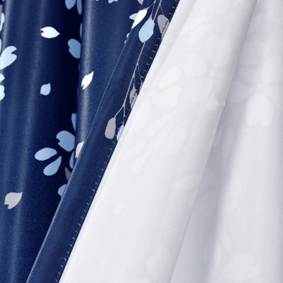 Navy Floral Polyester Blackout Rod Pocket Window Panels