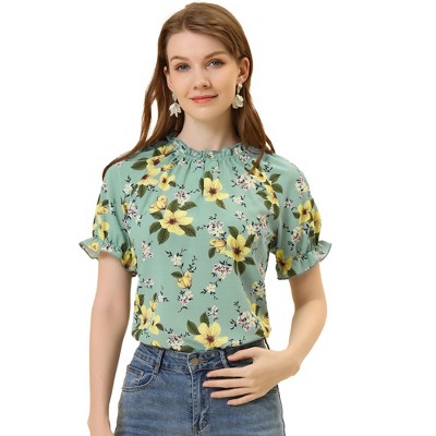 Allegra K Women's Floral Ruffled Short Sleeve Mock Neck Blouses Grayish  Green Medium