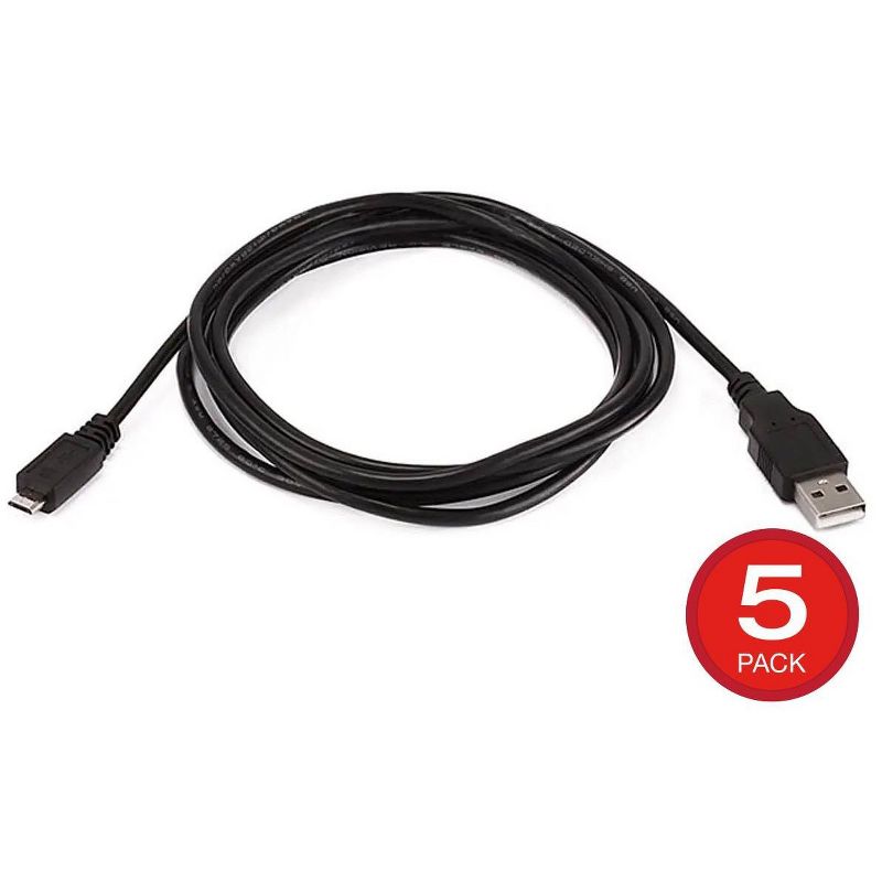 Monoprice USB Type-A to Micro Type-B 2.0 Cable - Black - 6 Feet (5-Pack) 5-Pin 28/28AWG, For Smartphones and Tablets, 1 of 5