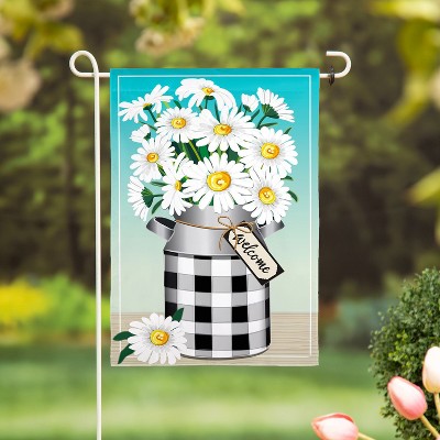 Blue and White Burlap Garden Flag with Daisies