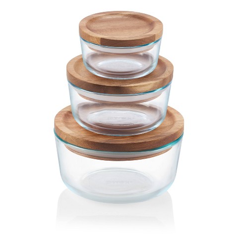 Pyrex Storage Containers, Glass, with Wood Lids - 6 set