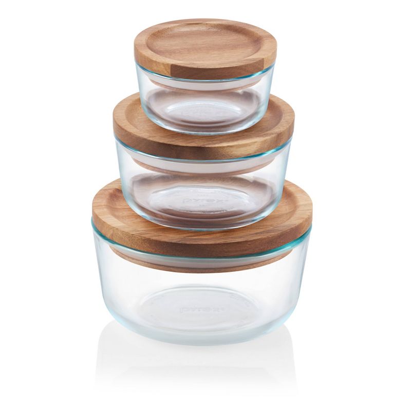 Pyrex 6pc Glass Round Food Storage Container Set with Wooden Lids, 1 of 9