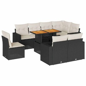 vidaXL Patio Sofa Set with Cushions Modular Lounge Set 9 Piece Poly Rattan - Black and Cream 3x Middle + 5x Corner + Table - 1 of 4