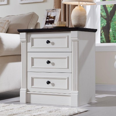 SinCiDo Farmhouse Nightstand w/ Charging Station 26" T Nightstand,23.6" W Roman Column Design,3 Drawer Storage Dresser w/ Metal Handles