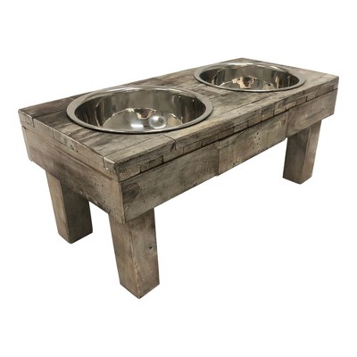 Small Brown Wash Reclaimed Wood Elevated Double Pet Feeder