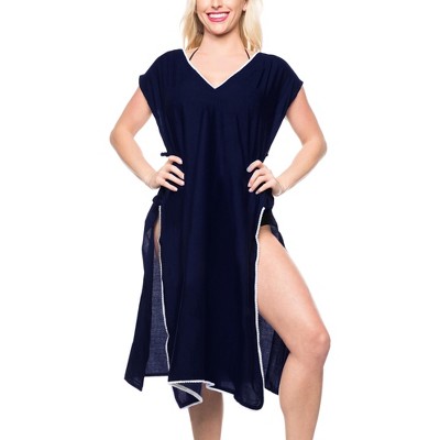 LA LEELA Women's Summer Vacation Beachwear Long Bathing Suit Short Front Tie Swimsuit Cover Ups X-Large-XX-Large Blue, Solid