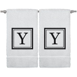 BC BARE COTTON Monogrammed Hand Towel, 100% Turkish Cotton - Set of 2 - White - Black Square - 1 of 4
