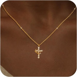 Crown Cross Necklace for Women, 14K Gold/Silver/Rosegold Plated Non-Tarnish CZ Pendant - 1 of 4