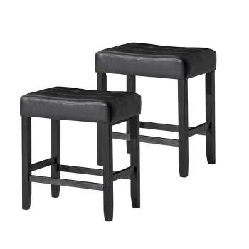 A La Carte Harper Kitchen Stool in Wood Finish with Distressed Brown Vegan Leather, Set of 2