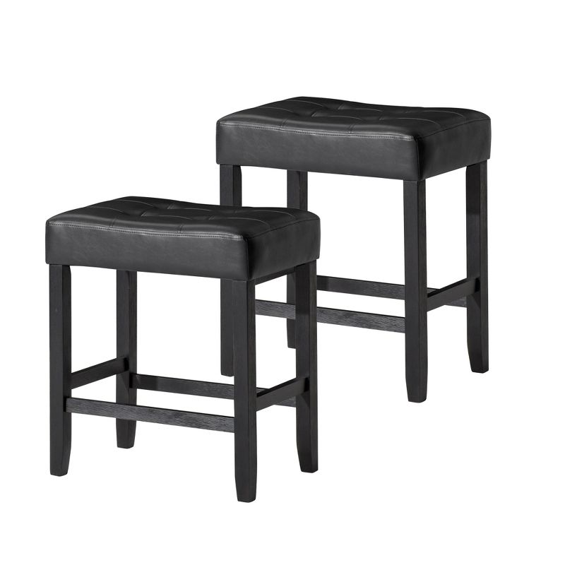 A La Carte Harper Kitchen Stool in Wood Finish with Distressed Brown Vegan Leather, Set of 2, 1 of 8