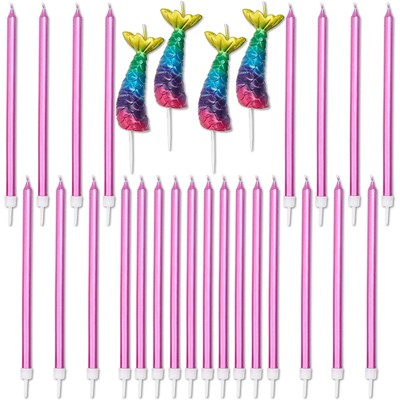 Blue Panda 28-Piece Mermaid Tail Cake Topper & Metallic Pink Long Thin Birthday Cake Candles 5 in with Holder